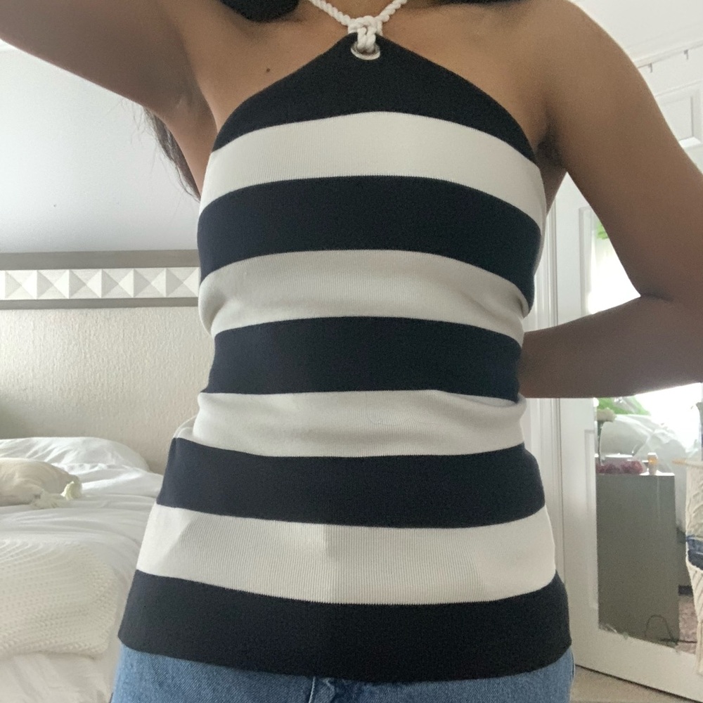 Black and White Striped Rope Tie Halter Tank Top